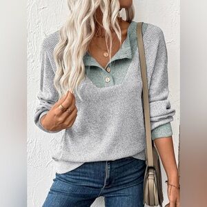 EVALESS Long Sleeve Patchwork Button Up V Neck Casual Pullover Top